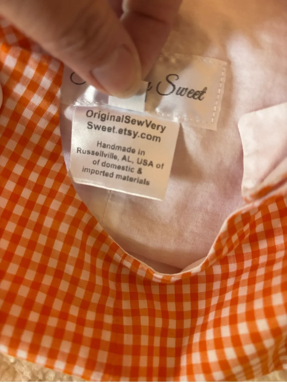 Orange & White Gingham Kids Romper with Button Shoulder Closures